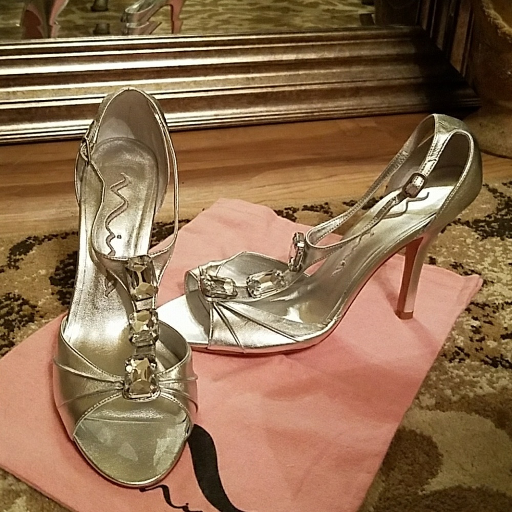 Metallic Silver Jeweled Heel Sandals