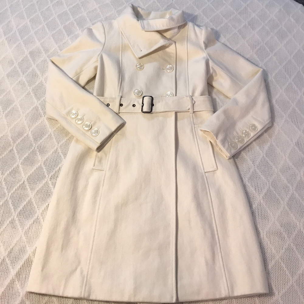 Guess Double Breasted Cream Wool Trench Coat