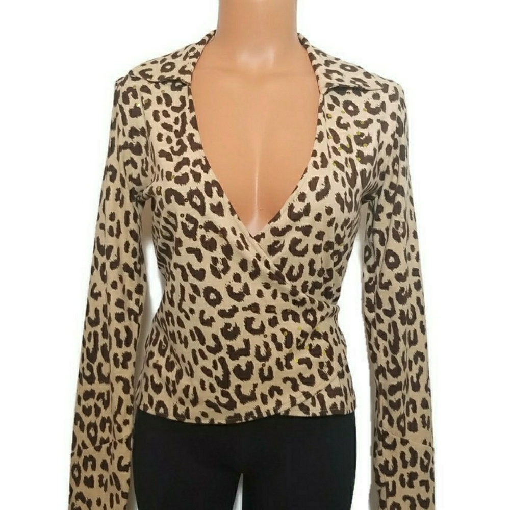 VS Moda International Cheetah Sequin Wrap Top S
