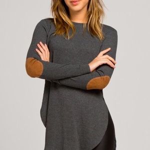 Gray round hem shirt with suede detailing