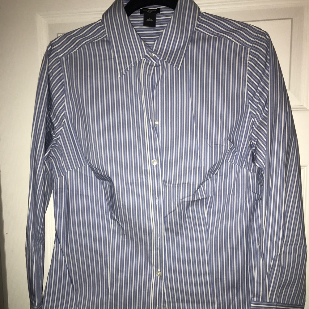 Ann Taylor blue white striped button down shirt