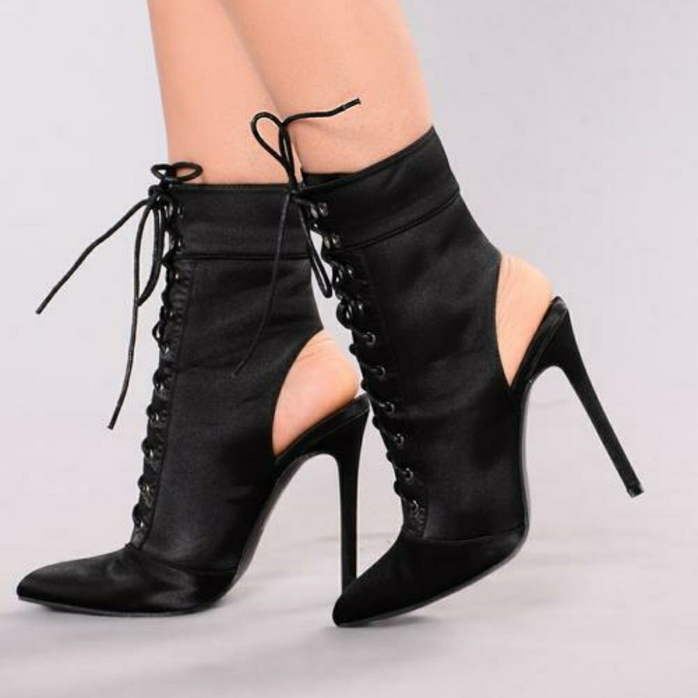 Satin Pointed Toe Lace Up Heels