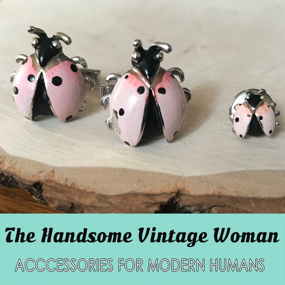 Pink Lady Bug Cuff links and tie clip, Swank