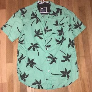 Teal/black palm tree modern amusement button down