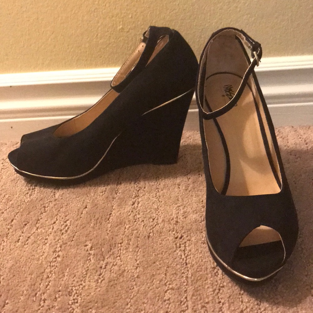 Black Suede Platform Wedges with Gold, Size 10
