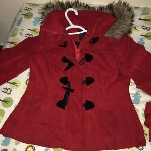Red hooded peacoat