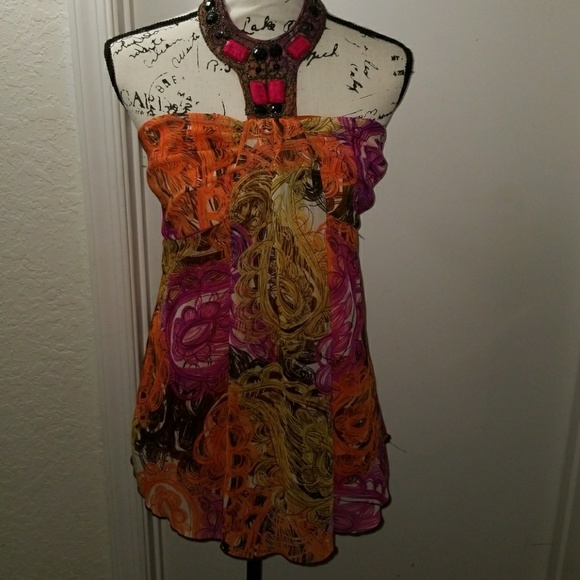 Dots Jeweled Neckline Halter Tie Top Size L - Picture 1 of 7