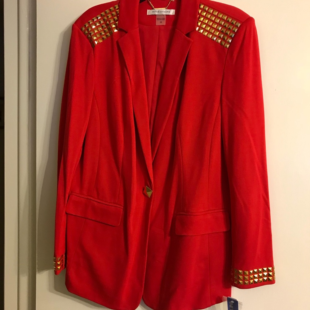 Nygard red long blazer SZ 16 gold accents NWT
