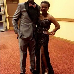 Black strapless lace prom dress