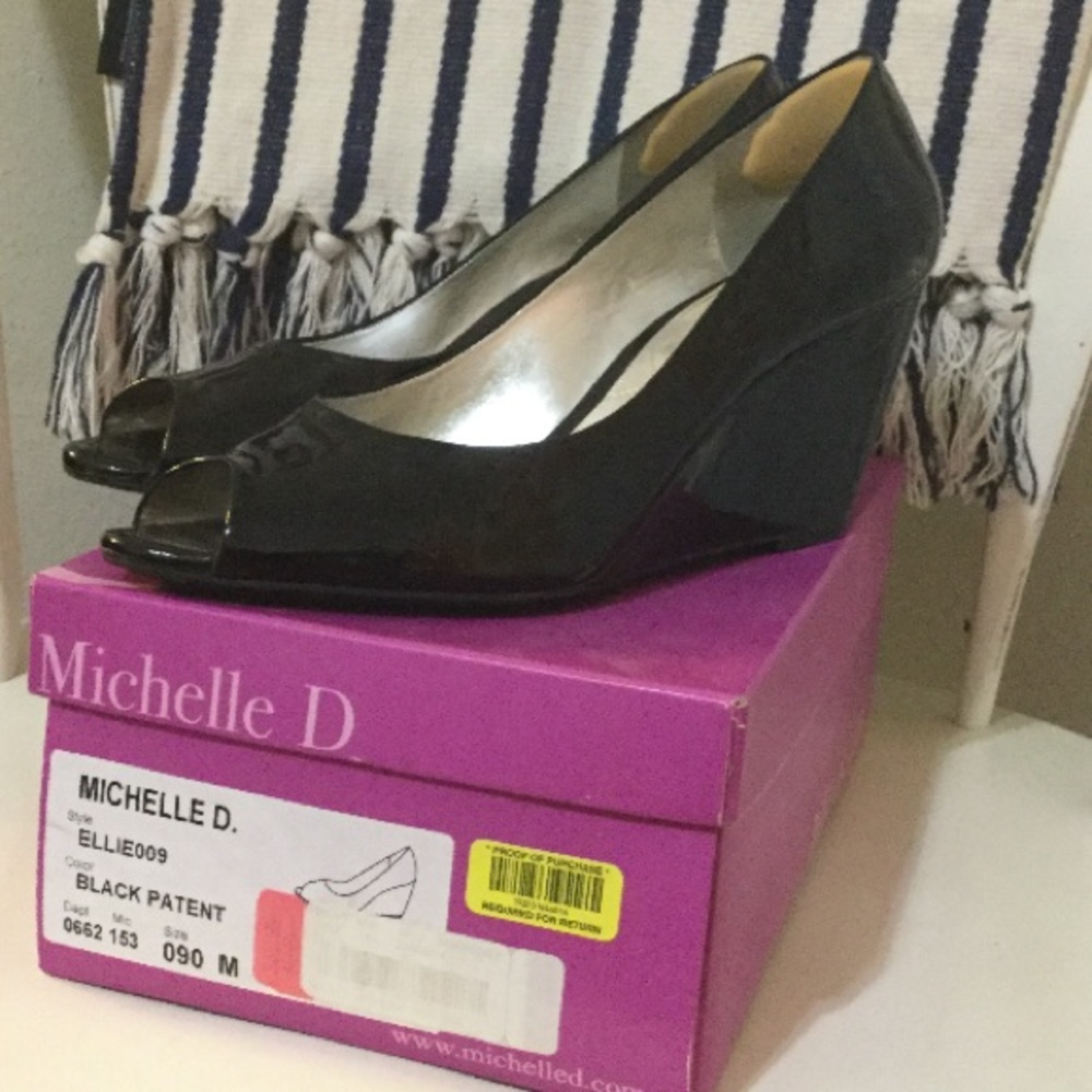 Michelle D Black Patent Wedges