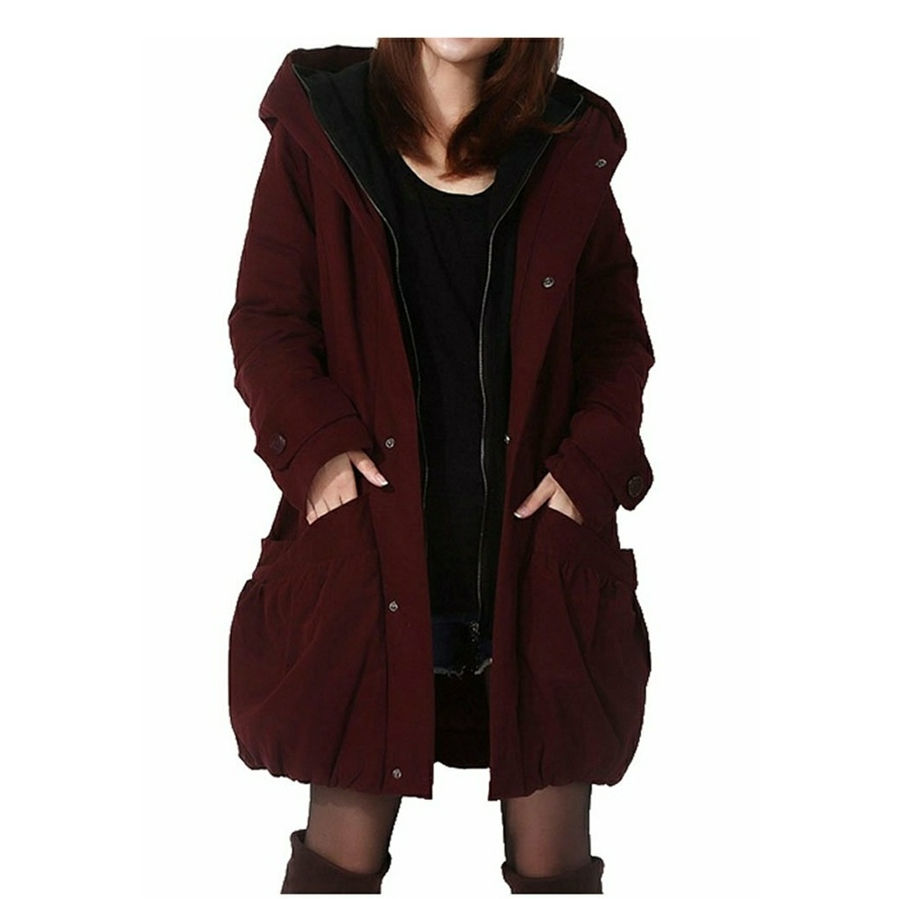 Wine Winter Outwear Hoodie Coat with Big Pockets