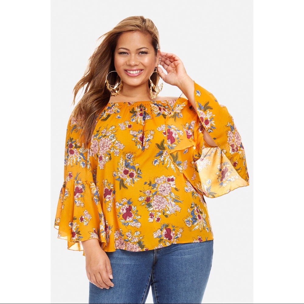 Plus Size Muster Yellow Off the Shoulder Blouse