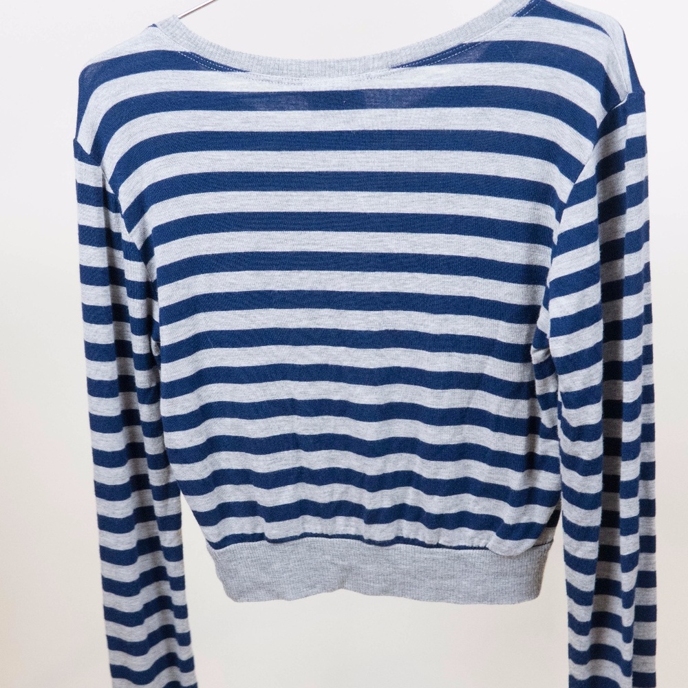 Long Sleeve Blue and Grey Striped Crop Top