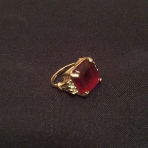 14K G.E. Ring Deep Red Emerald Cut Stone Size 10