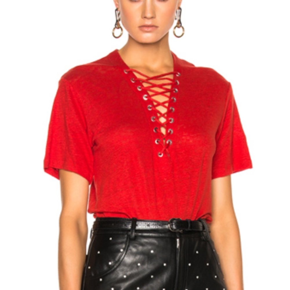 IRO Imis Laced Linen Red Tee T-Shirt NWT