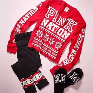 M SET PINK VS HOLIDAY LEGGINGS TOP NEW