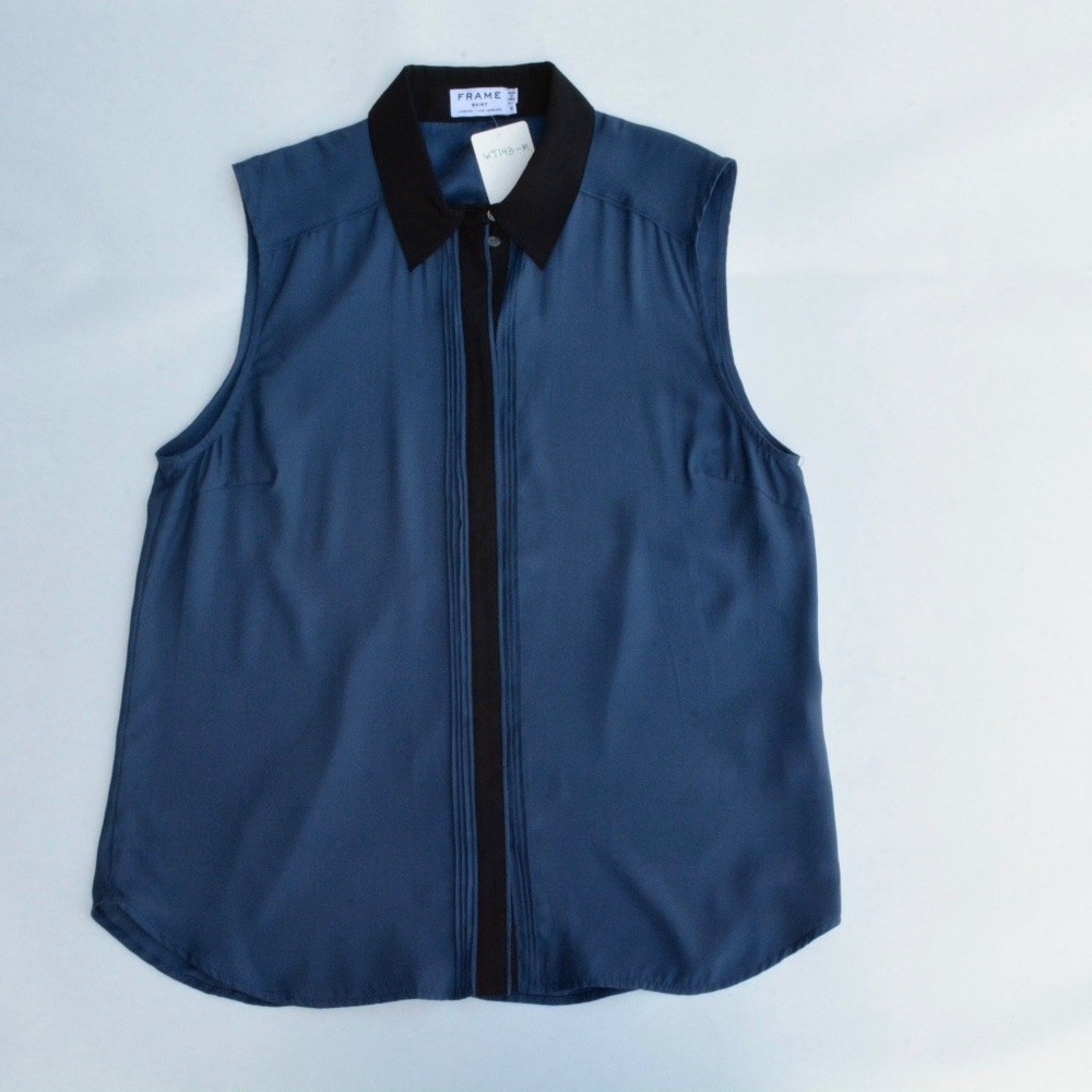FRAME 100% Silk Navy Blouse Collared Button Down