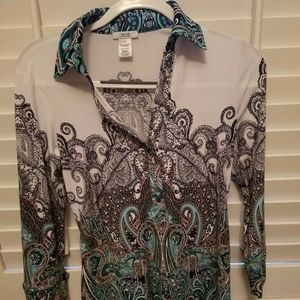 CACHE TURQUOISE WHITE PAISLEY TOP W/ CHAIN BELT XS