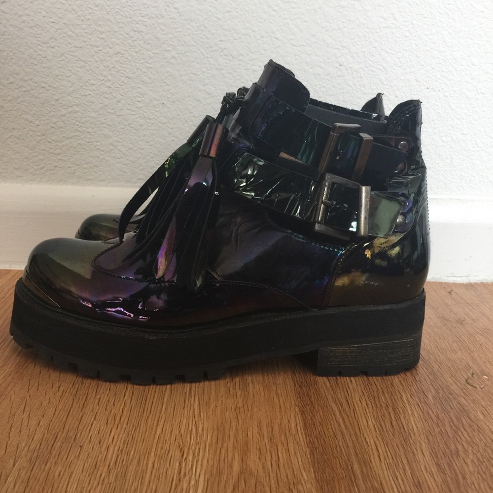 TBA Gracie Black Petrol Patent Leather Boots.