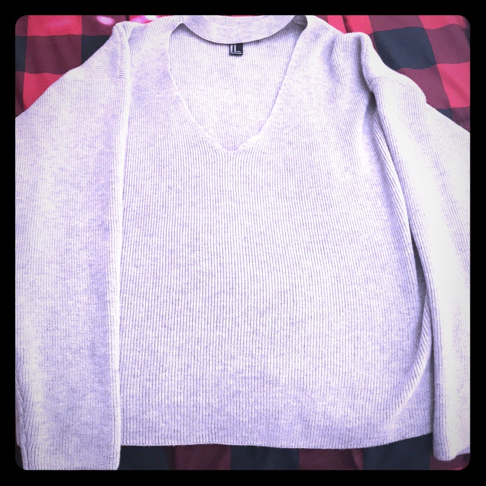 Gray deep V neck sweater