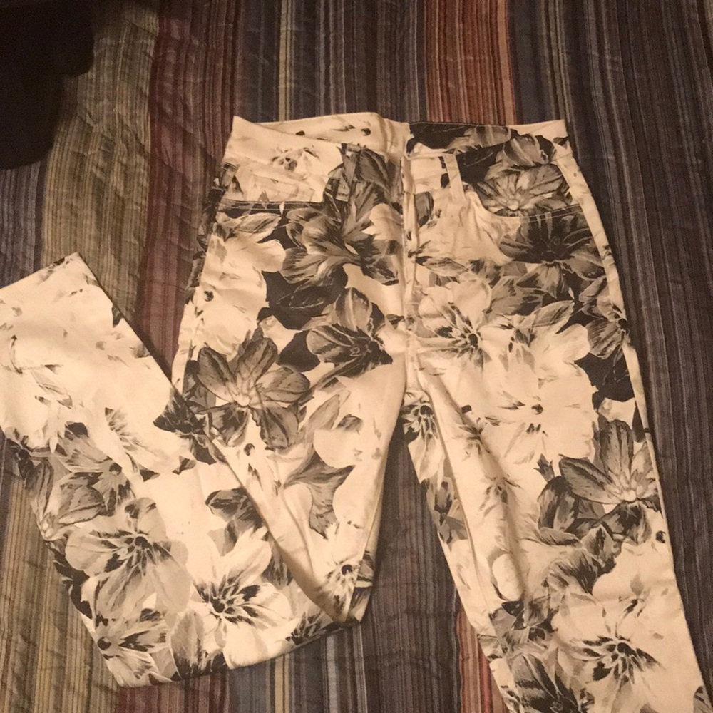 White with black floral pants