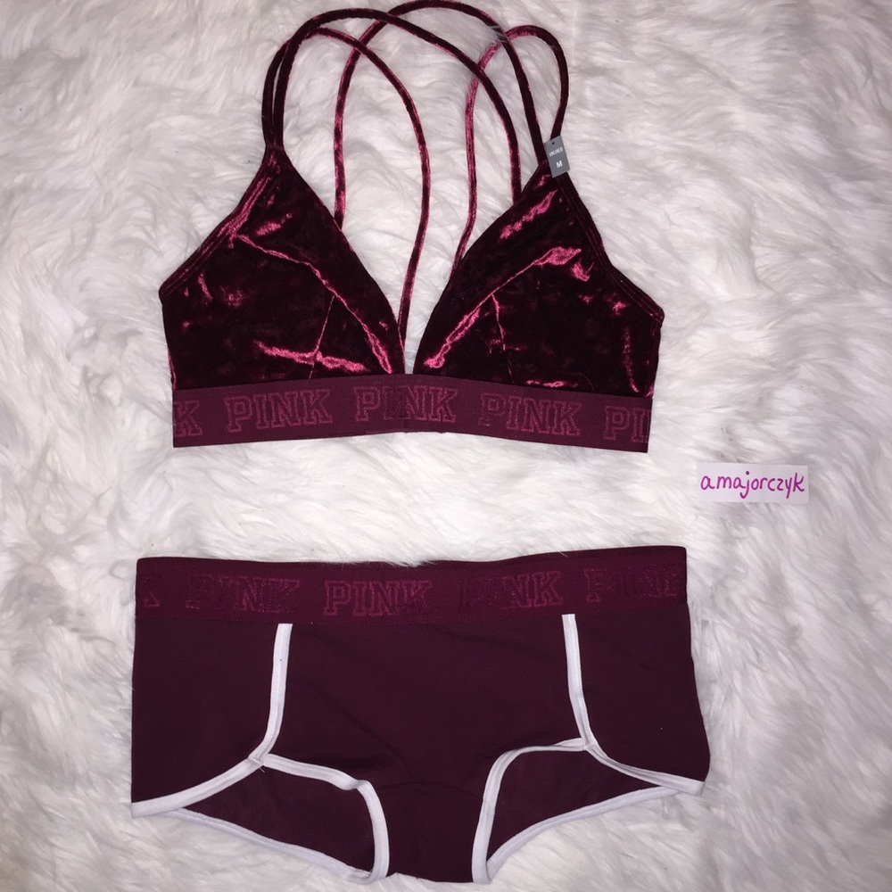 M VELVET VS PINK BRALETTE BOYSHORTS SET MAROON RED