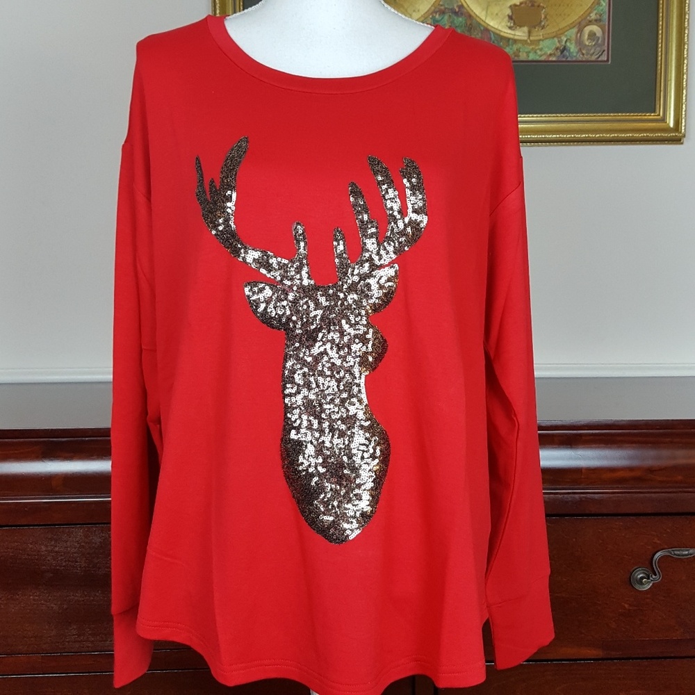 Sequin Deer Stag Red French Terry Top