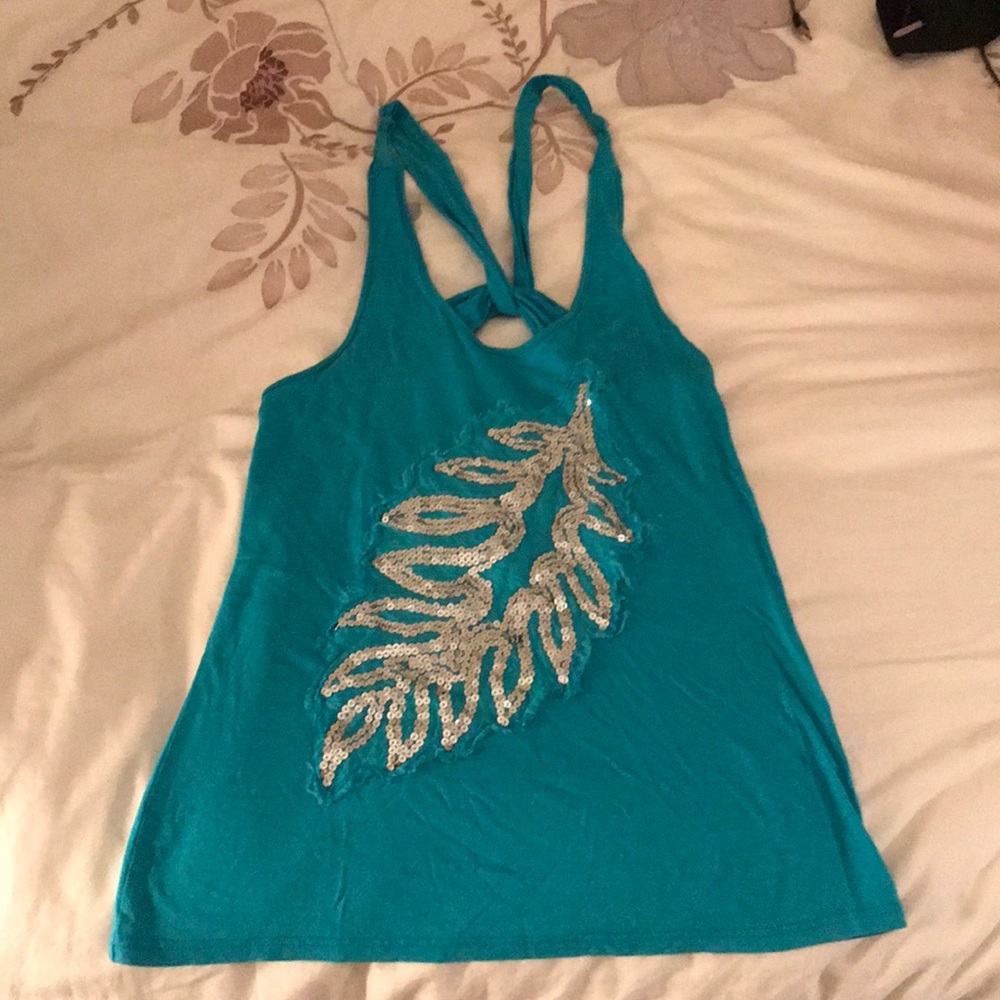 Turquoise TOPSHOP Sequin Leaf Top (SZ M)