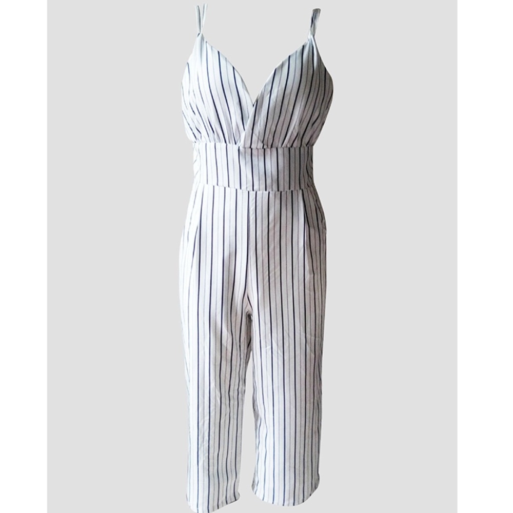 White Pinstripe Capri Jumpsuit