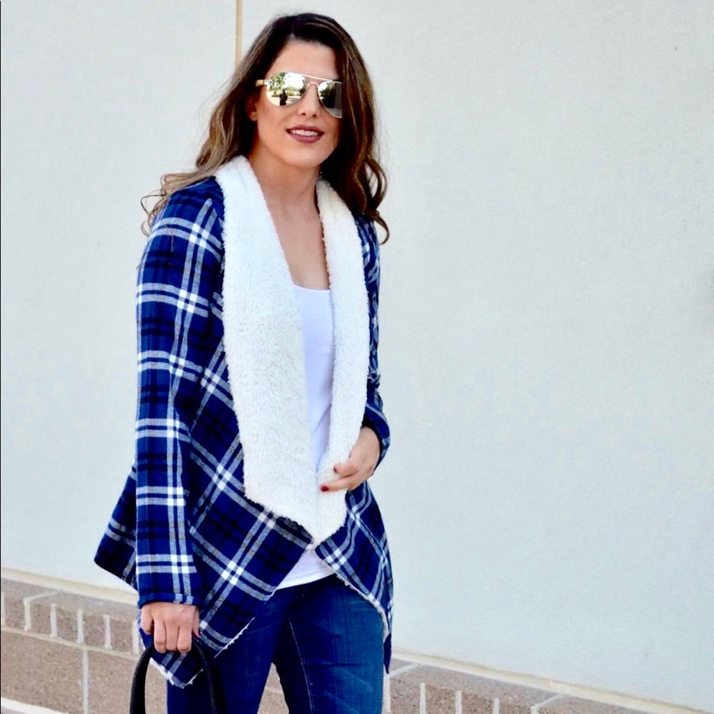 Fur Lined Plaid Coat- Blue