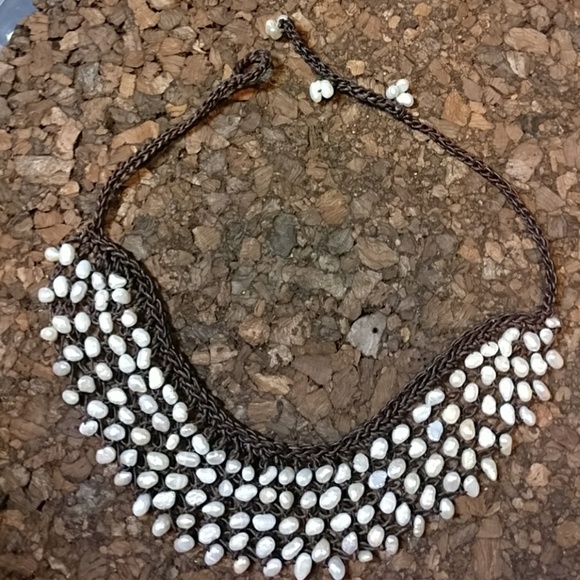 Macrame Leather Freshwater Pearl Bib Necklace - Picture 2 of 8