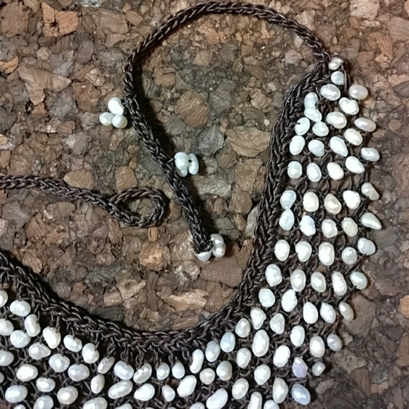 Macrame Leather Freshwater Pearl Bib Necklace - Picture 3 of 8
