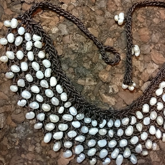 Macrame Leather Freshwater Pearl Bib Necklace - Picture 4 of 8