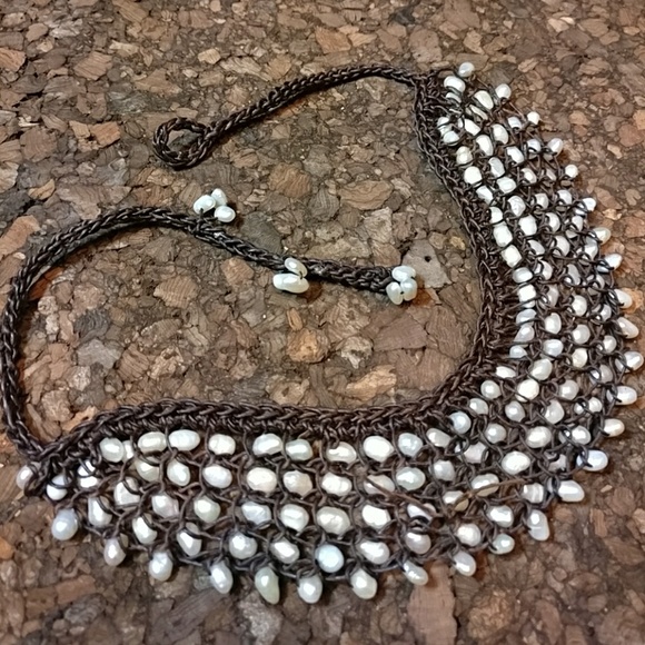 Macrame Leather Freshwater Pearl Bib Necklace - Picture 5 of 8