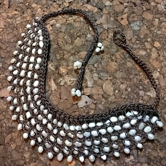 Macrame Leather Freshwater Pearl Bib Necklace - Picture 6 of 8
