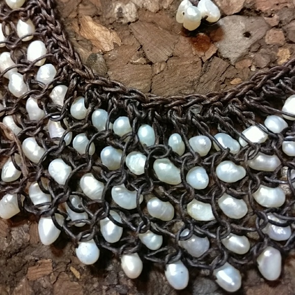 Macrame Leather Freshwater Pearl Bib Necklace - Picture 7 of 8