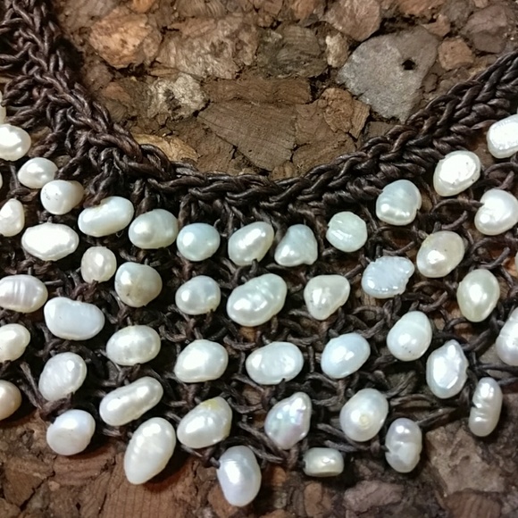 Macrame Leather Freshwater Pearl Bib Necklace - Picture 8 of 8