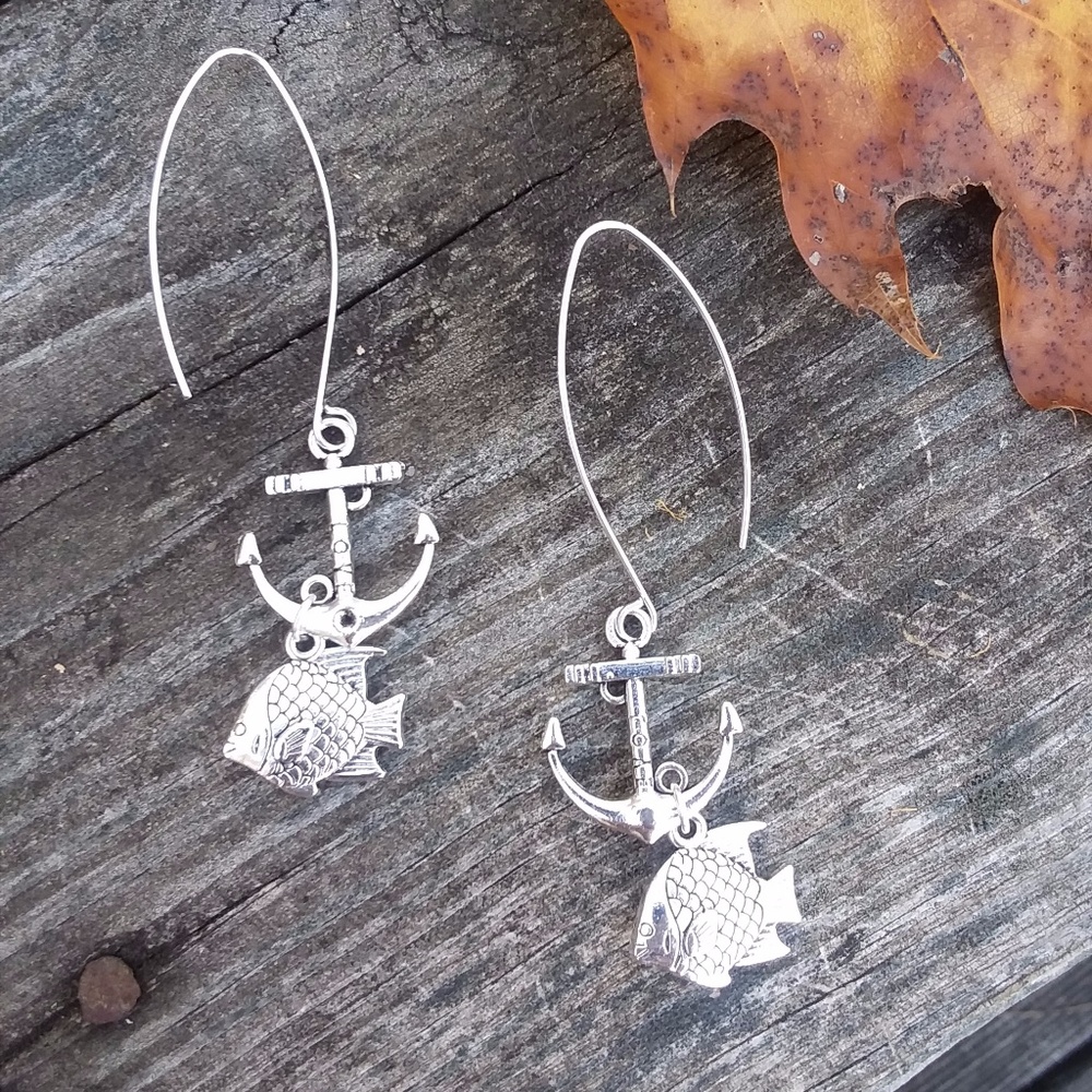 LOVE engraved ANCHORS fish dangle earrings silver