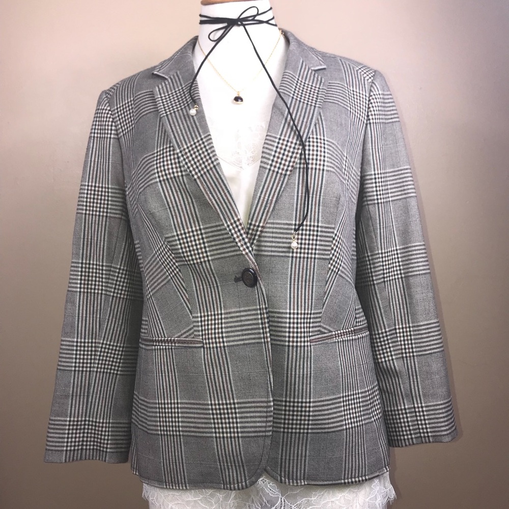 The Limited 3/4 Sleeve Checked Gray Blazer Med