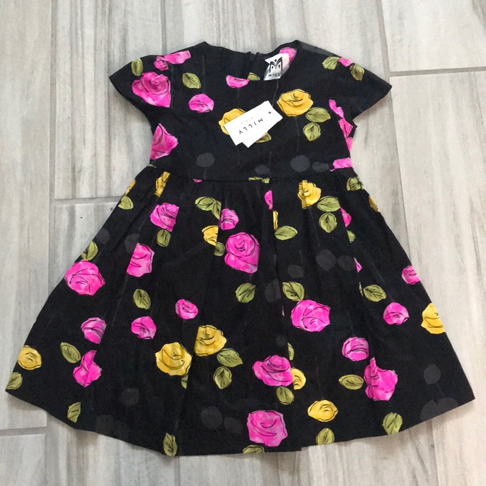 NWT milly minis black floral dress Sz 4 little grl
