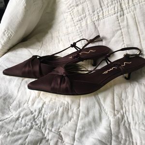 Mia chocolate brown satin kitten heel sandals