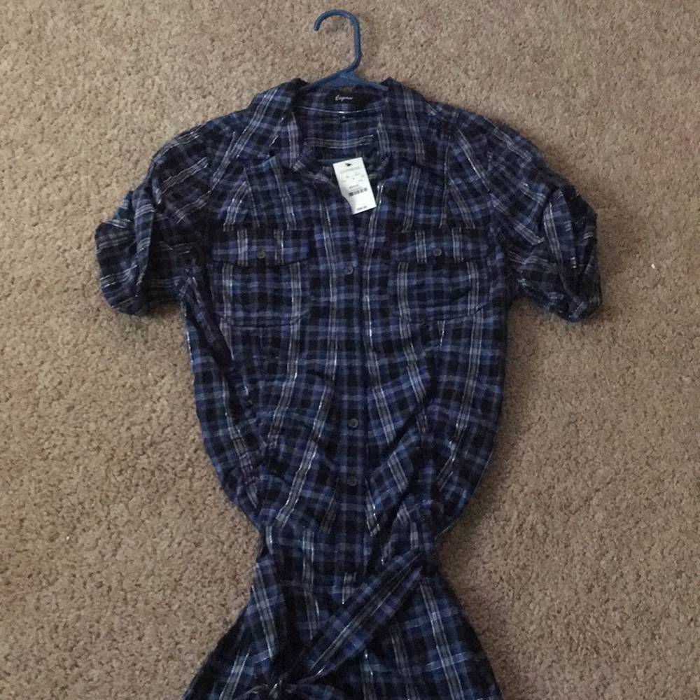 Express plaid button down with ties waist