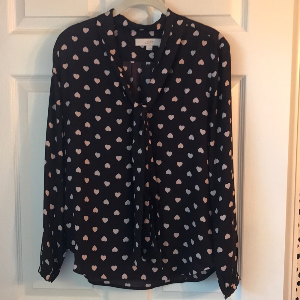 LOFT Maroon Heart Print Tie Blouse