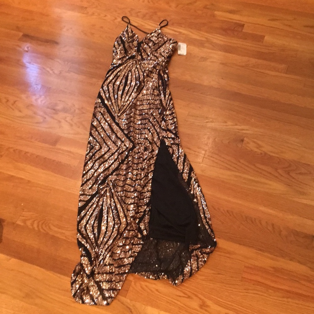 Black sequined evening gown with gold sequins