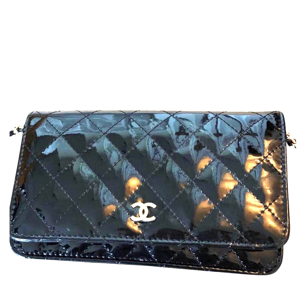 CHANEL patent leather quilted CC wallet on chain