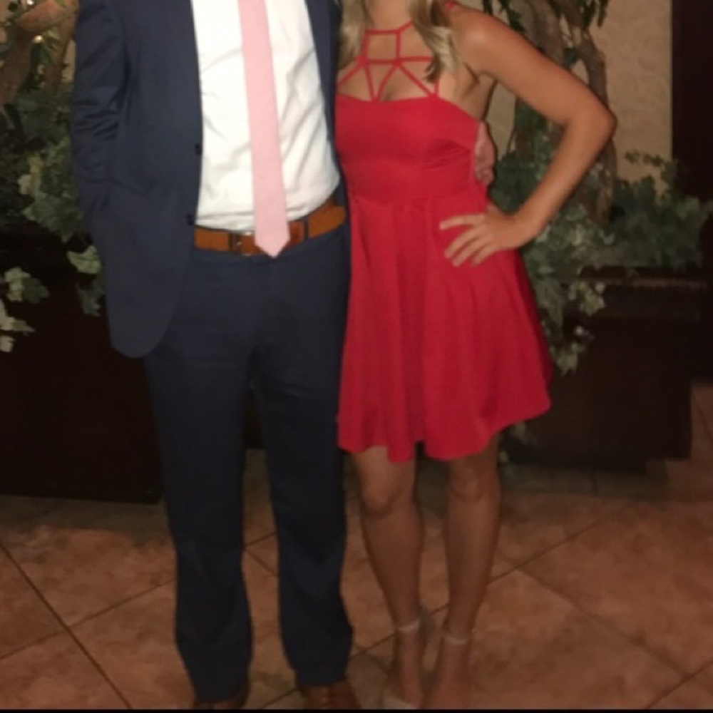 Red dress with cage spaghetti strap top