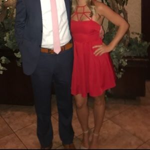 Red dress with cage spaghetti strap top