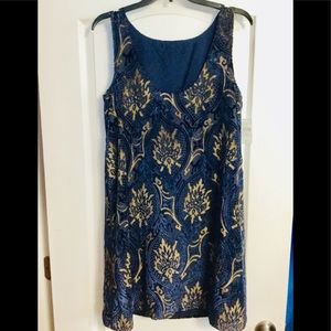 Loft Burnt Velvet Navy & Gold Dress