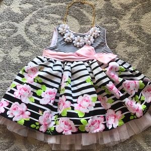 Black and white and pink rose striped dress