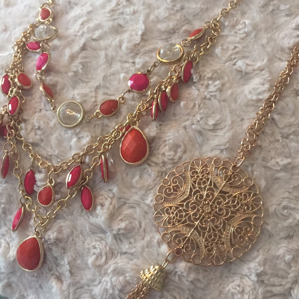 2 Necklaces - Pink/Orange/Gold